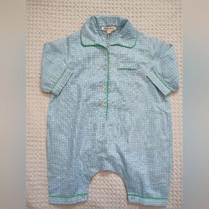 Caramel Blue Geo-Print Baby Romper with Green Piping